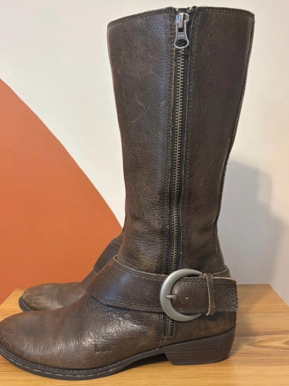 b.o.c. Brown Leather Mid-Calf Zip Buckle Boots